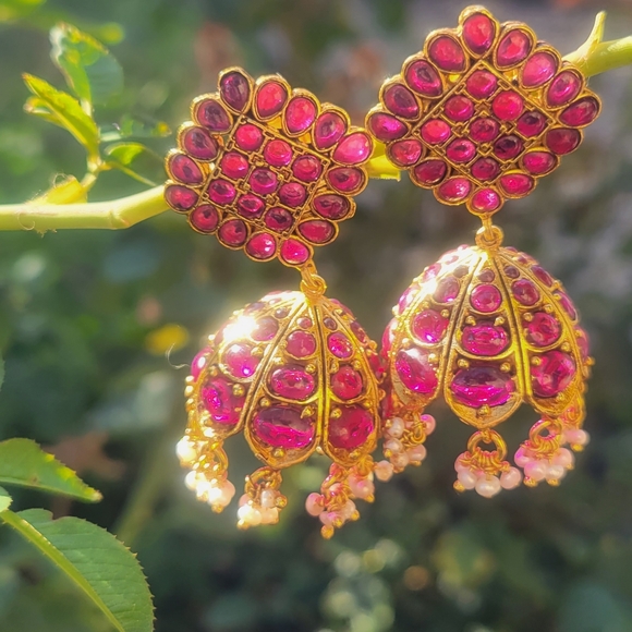 Ruby and cluster pearls jhumkas/hanging earrings - Picture 2 of 5